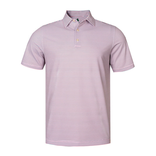 A short-sleeve polo shirt with horizontal pink, white, and light blue stripes, featuring a classic collar and a three-button placket, shown on a plain white background.