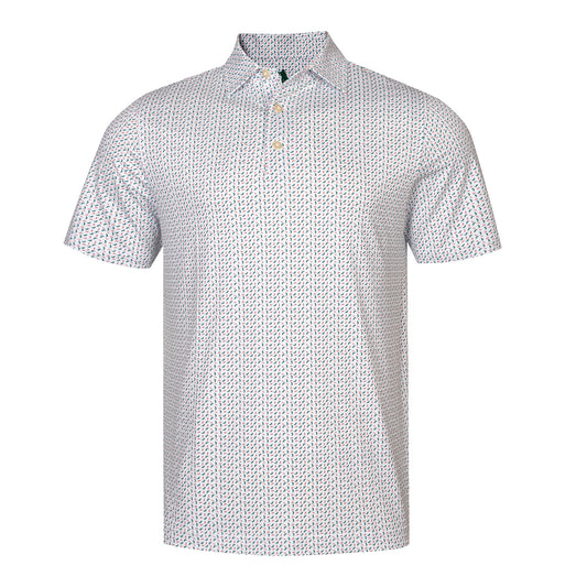 A short-sleeve polo shirt with a white base and a dense, small geometric pattern in black and light blue, featuring a three-button placket.