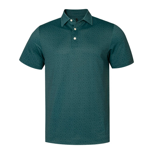 A dark teal short-sleeve polo shirt with a subtle micro-dot pattern, featuring a two-button placket, shown on a plain white background.
