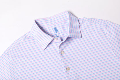 Striped polo shirt with a brand logo on a light background