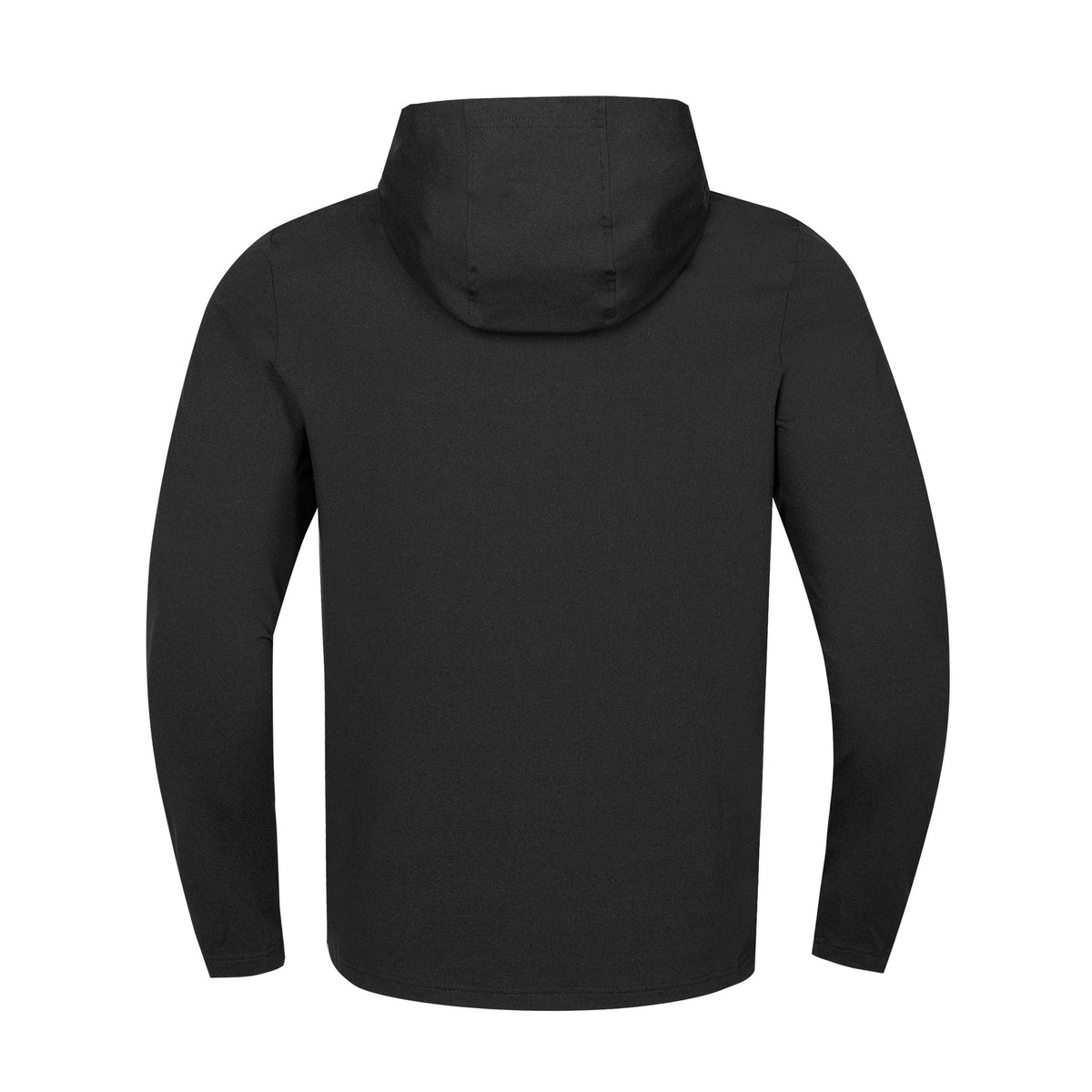 A black hooded sweatshirt shown from the back, displayed on a clean white background.