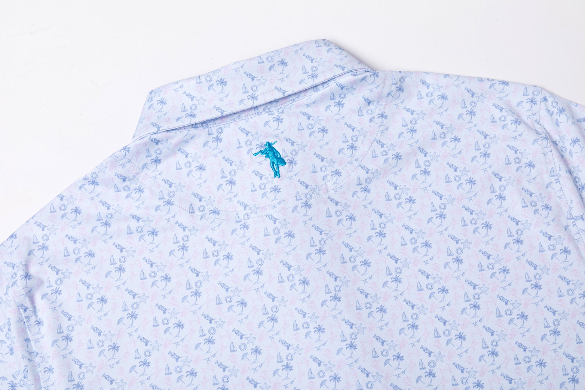 Light blue floral-patterned shirt with a small logo on a white background
