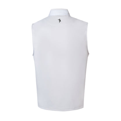 White vest with a small logo on the chest against a white background