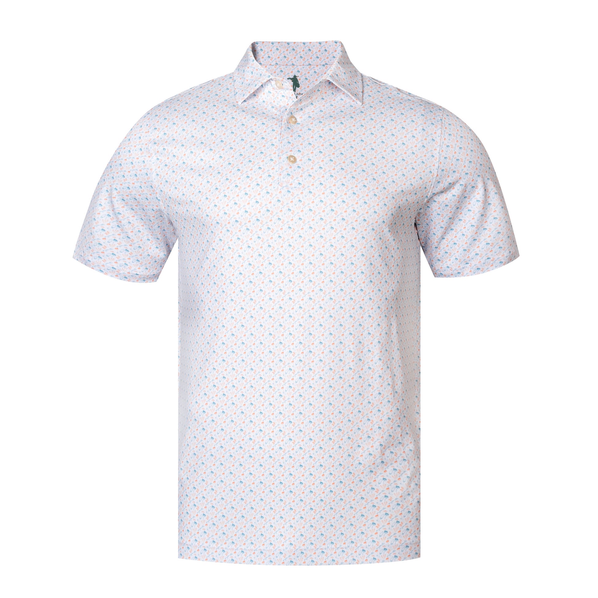 White polo shirt with subtle pattern on a white background
