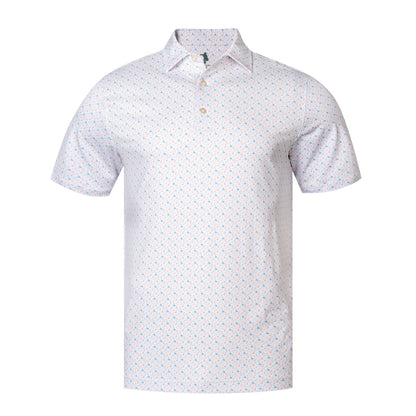 White polo shirt with subtle pattern on a white background