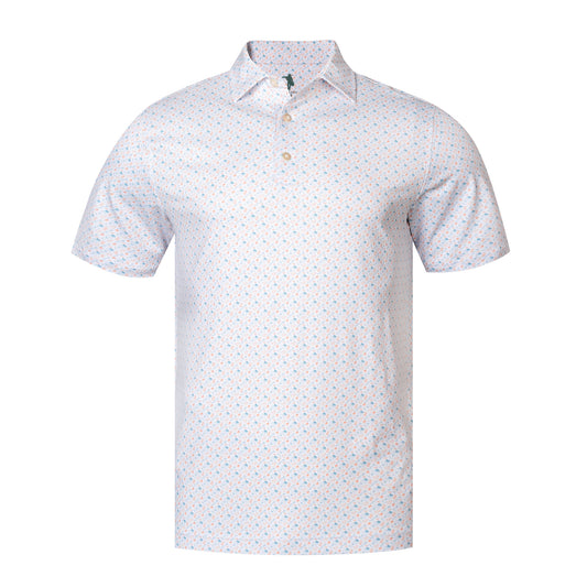 White polo shirt with subtle pattern on a white background