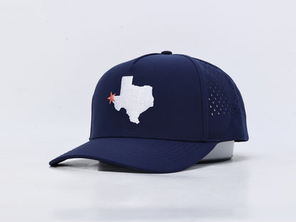 A navy blue baseball cap with a white embroidered outline of Texas and a small red star on the front, shown on a light gray background.