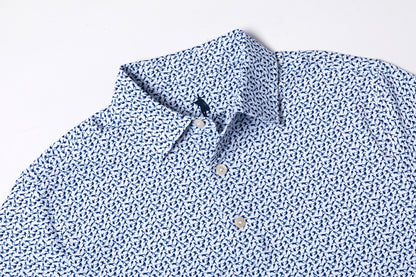 Blue patterned shirt on a light gray background