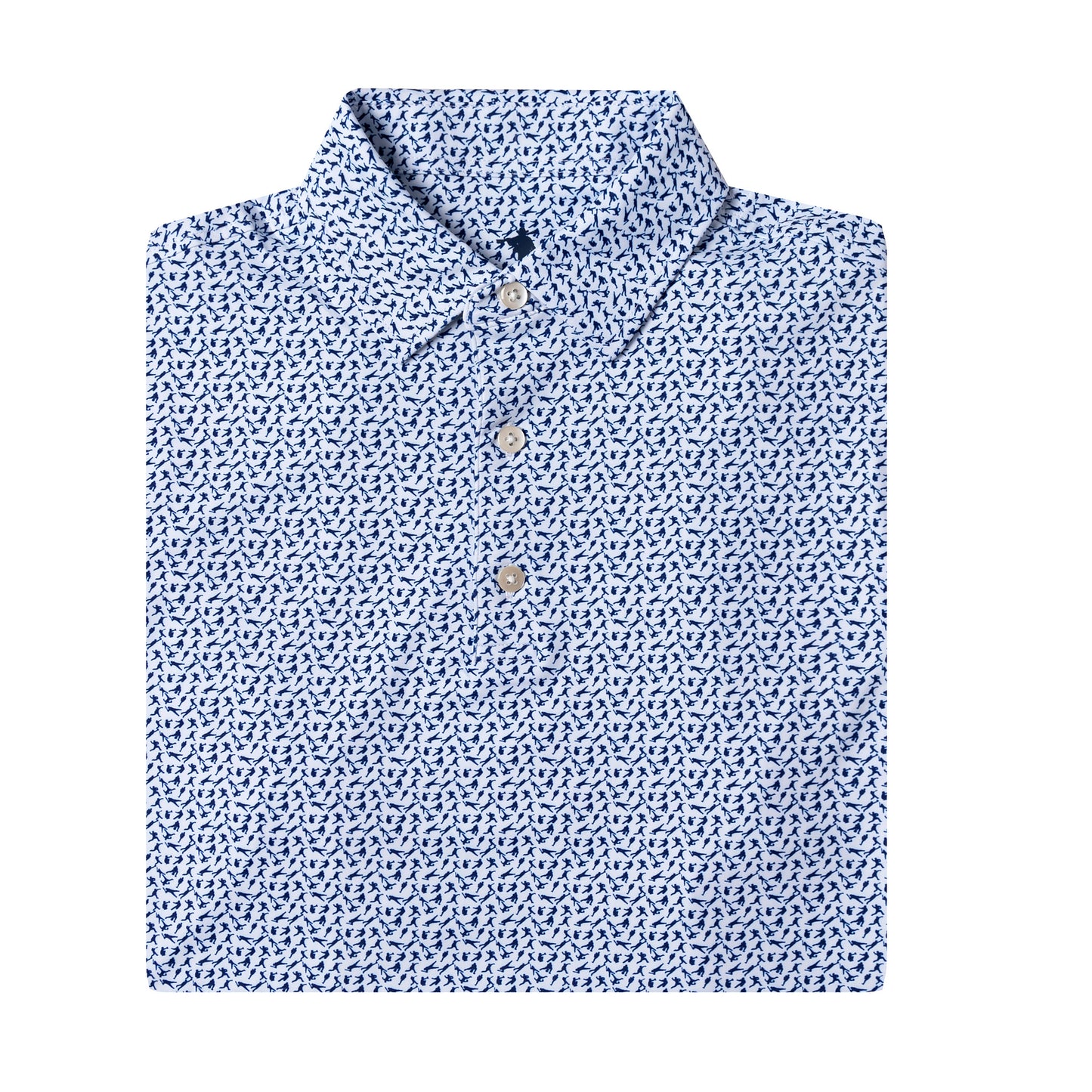 Folded blue patterned shirt on a white background