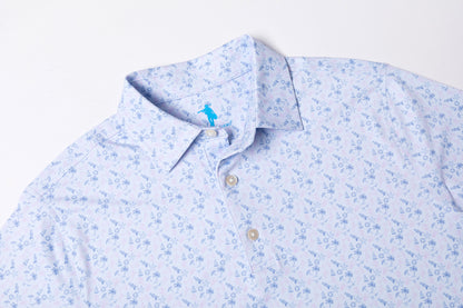 Light blue patterned polo shirt on a white background