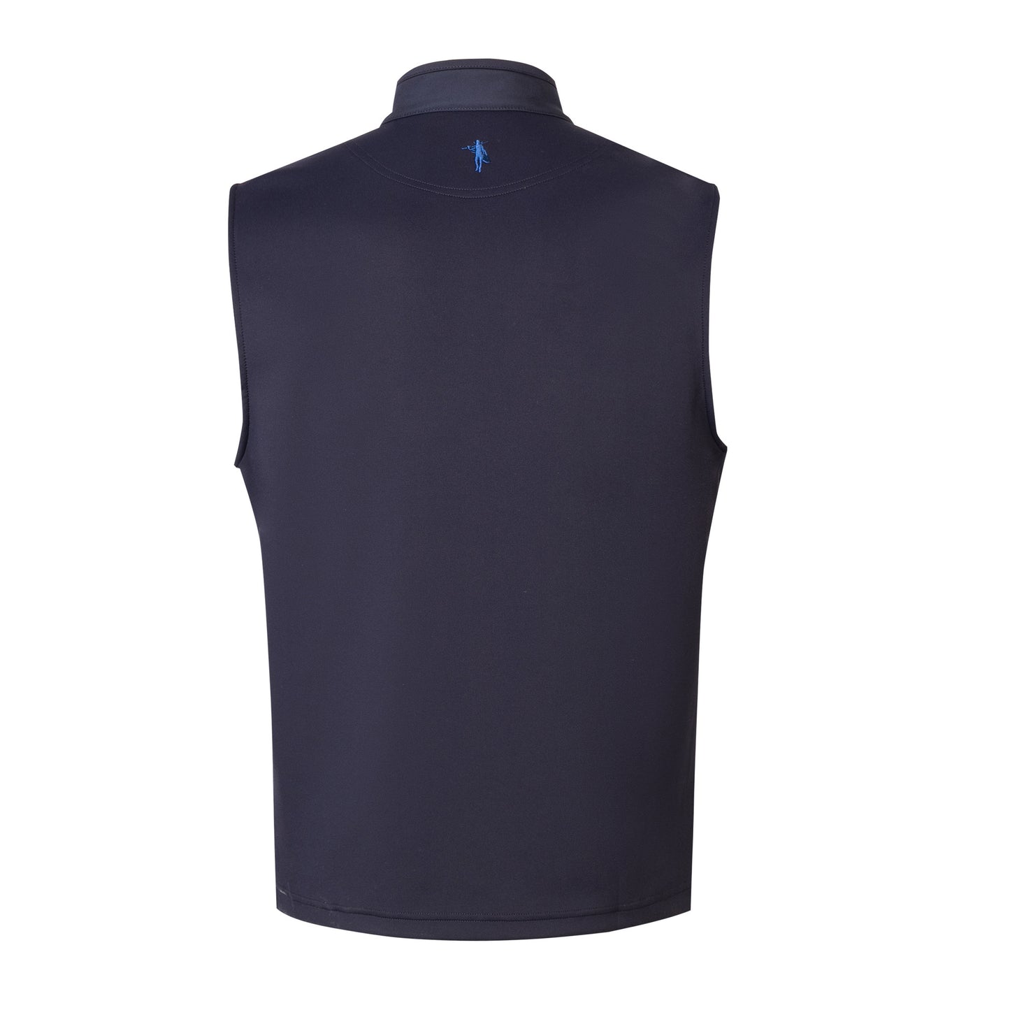 Navy blue vest with a brand logo on the back against a white background