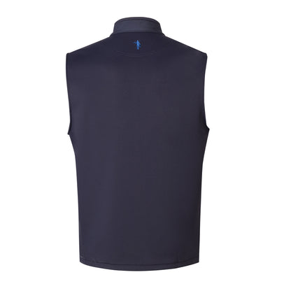 Navy blue vest with a brand logo on the back against a white background