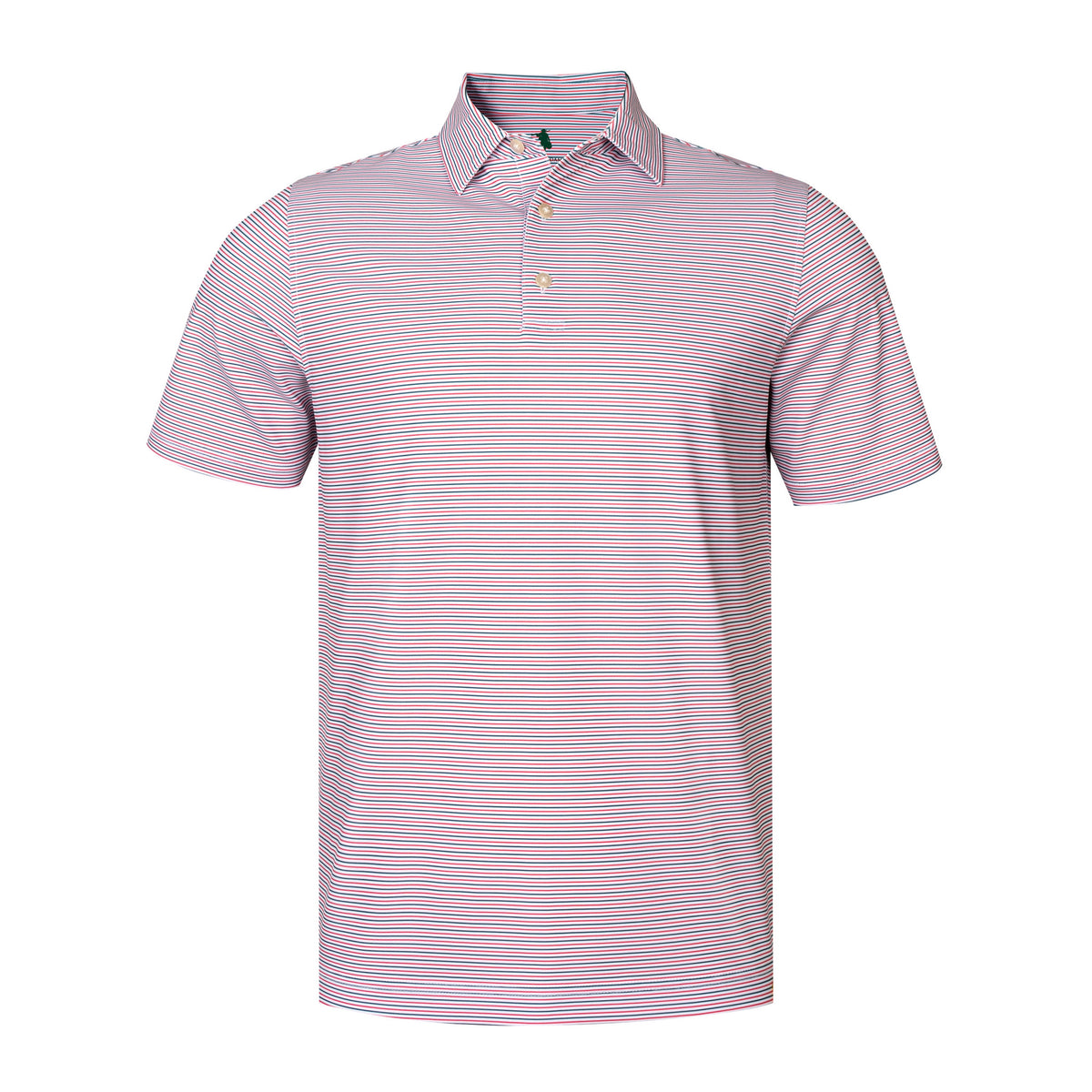 A short-sleeve polo shirt with horizontal pink, white, and light blue stripes, featuring a classic collar and a three-button placket, shown on a plain white background.