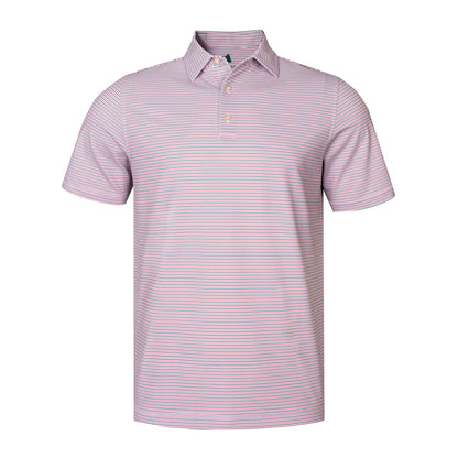 A short-sleeve polo shirt with horizontal pink, white, and light blue stripes, featuring a classic collar and a three-button placket, shown on a plain white background.