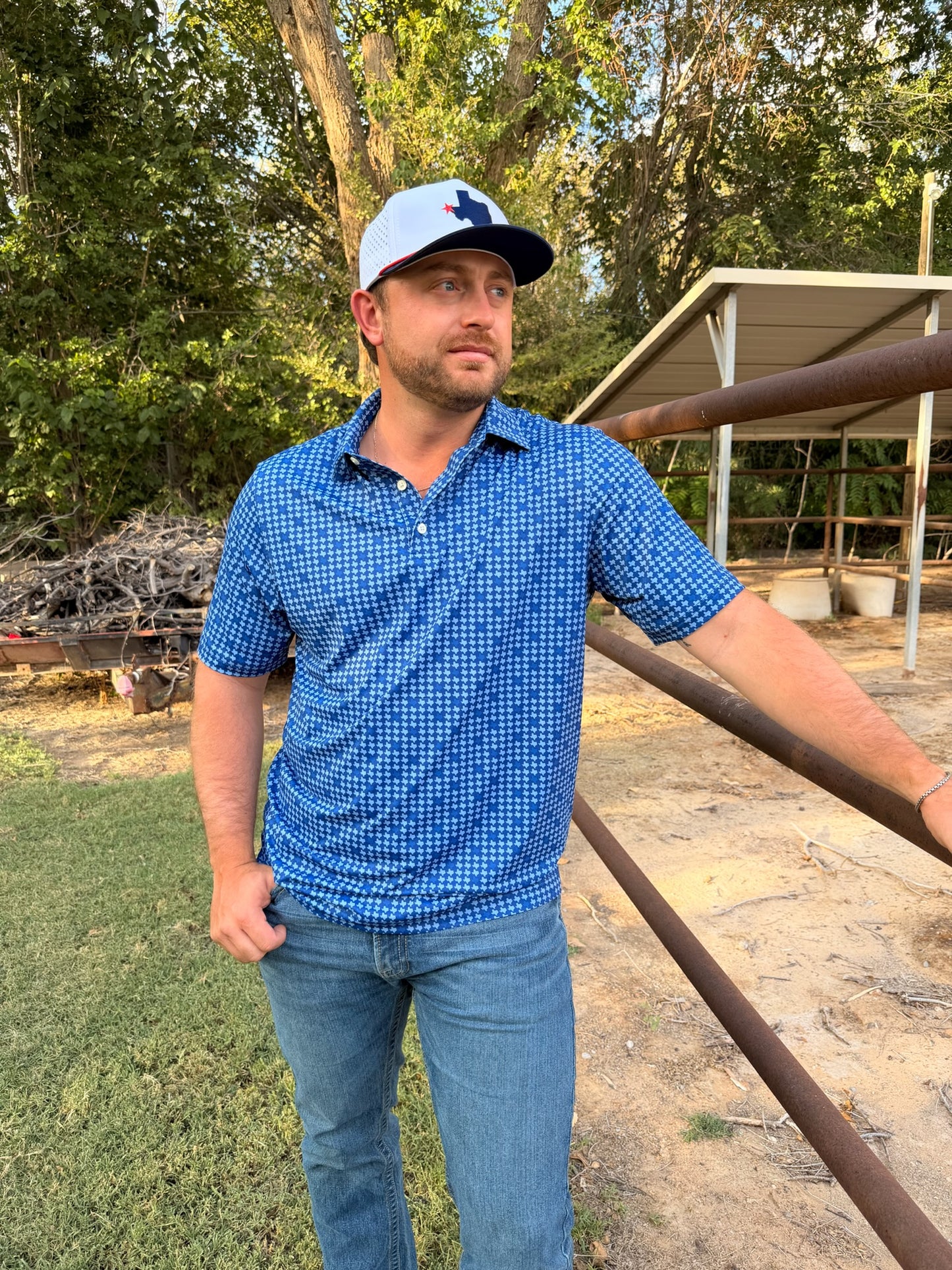 Men's blue Texas performance polo shirt by Thomas Adams Apparel