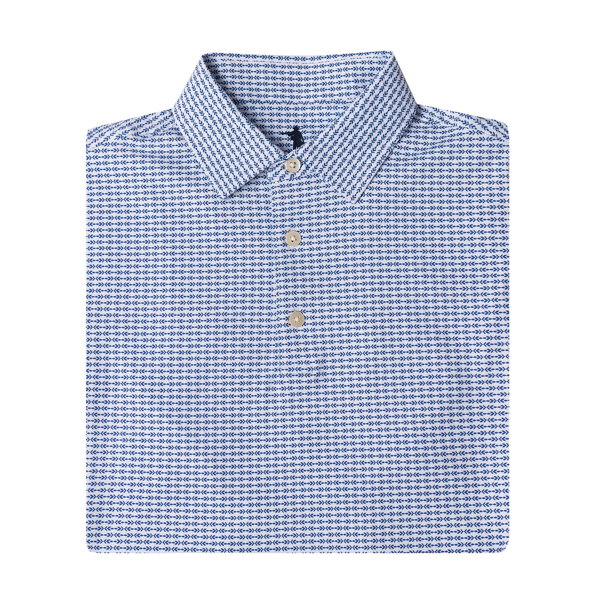 A folded long-sleeve button-down shirt with a blue and white micro-check pattern, featuring a classic collar and two visible buttons.