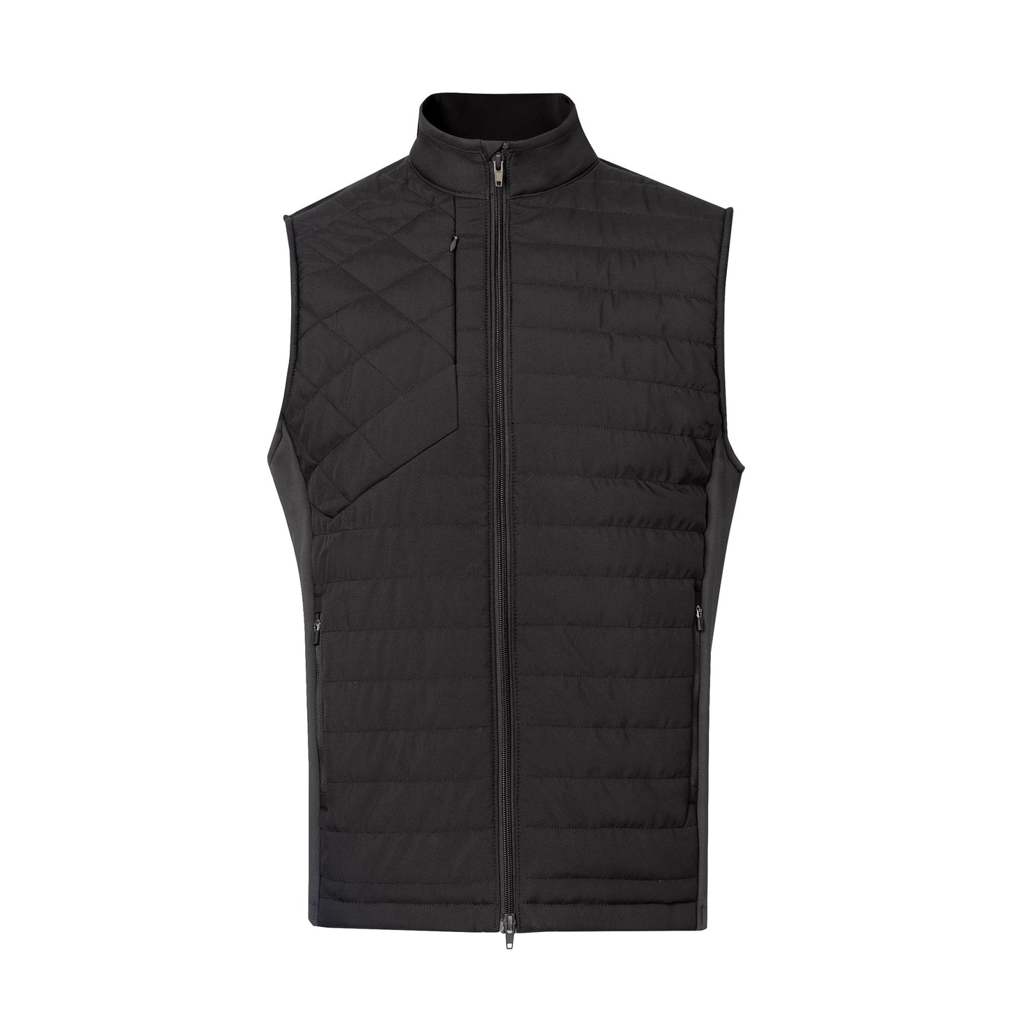 Black quilted vest on a white background