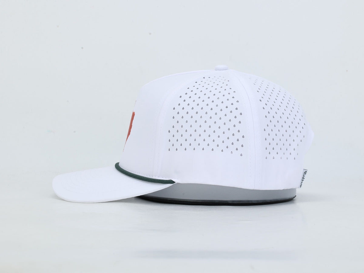 A white baseball cap with a perforated front panel, a curved brim, a thin dark green stripe under the brim, and a gray underside of the brim, shown against a plain white background.