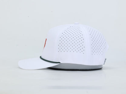 A white baseball cap with a perforated front panel, a curved brim, a thin dark green stripe under the brim, and a gray underside of the brim, shown against a plain white background.