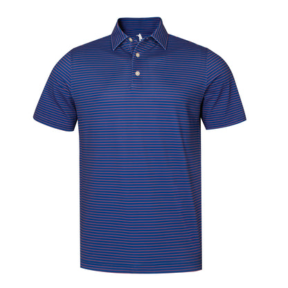 A short-sleeve polo shirt with thin horizontal blue and red stripes, featuring a classic collar and a two-button placket, shown against a plain white background.