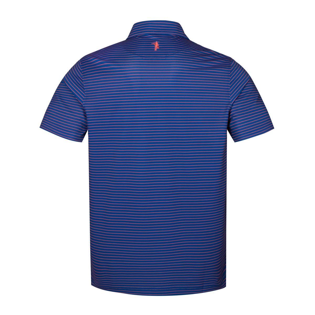 A short-sleeve polo shirt shown from the back, featuring a blue base with thin horizontal red stripes and a small red embroidered logo at the center of the collar, set against a plain white background.