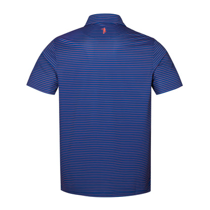 A short-sleeve polo shirt shown from the back, featuring a blue base with thin horizontal red stripes and a small red embroidered logo at the center of the collar, set against a plain white background.