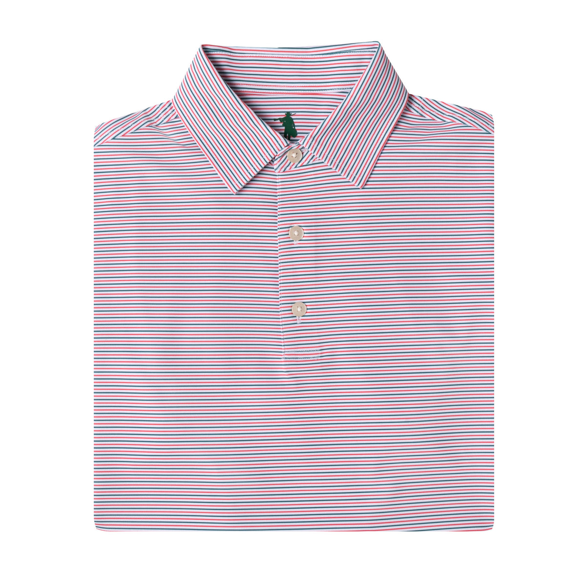 A folded long-sleeve polo shirt with a fine horizontal stripe pattern in pink, blue, and white, featuring a classic collar and three-button placket.