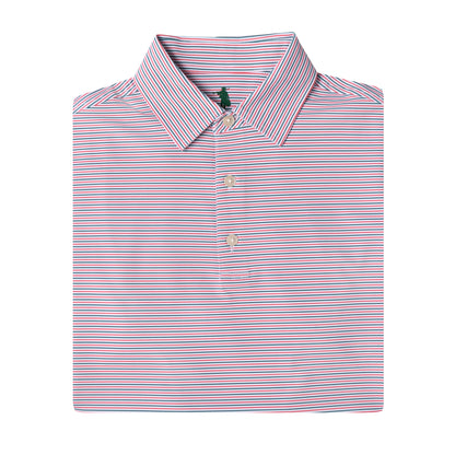 A folded long-sleeve polo shirt with a fine horizontal stripe pattern in pink, blue, and white, featuring a classic collar and three-button placket.