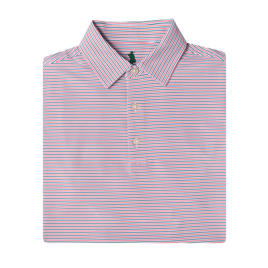 A folded long-sleeve polo shirt with a fine horizontal stripe pattern in pink, blue, and white, featuring a classic collar and three-button placket.