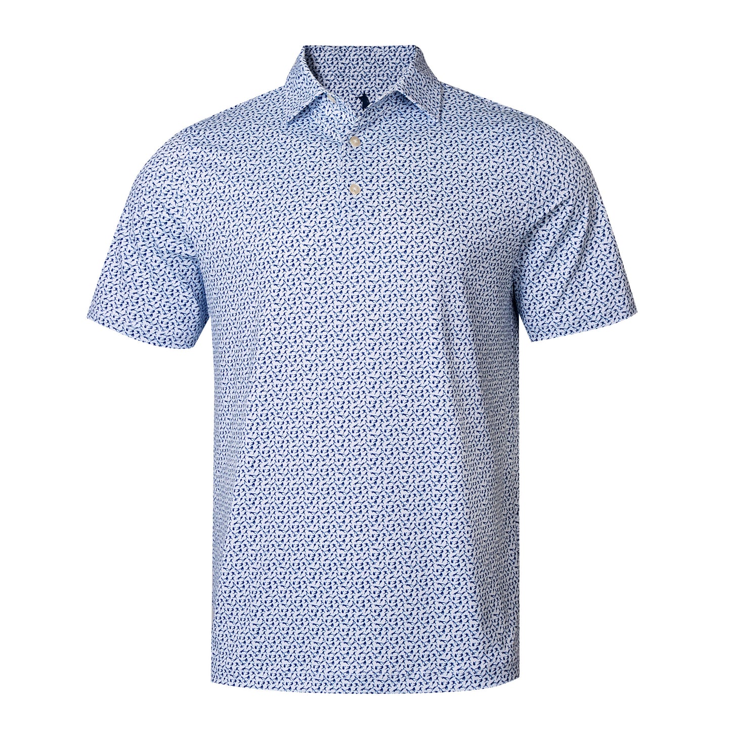 Blue patterned short-sleeve shirt on a white background