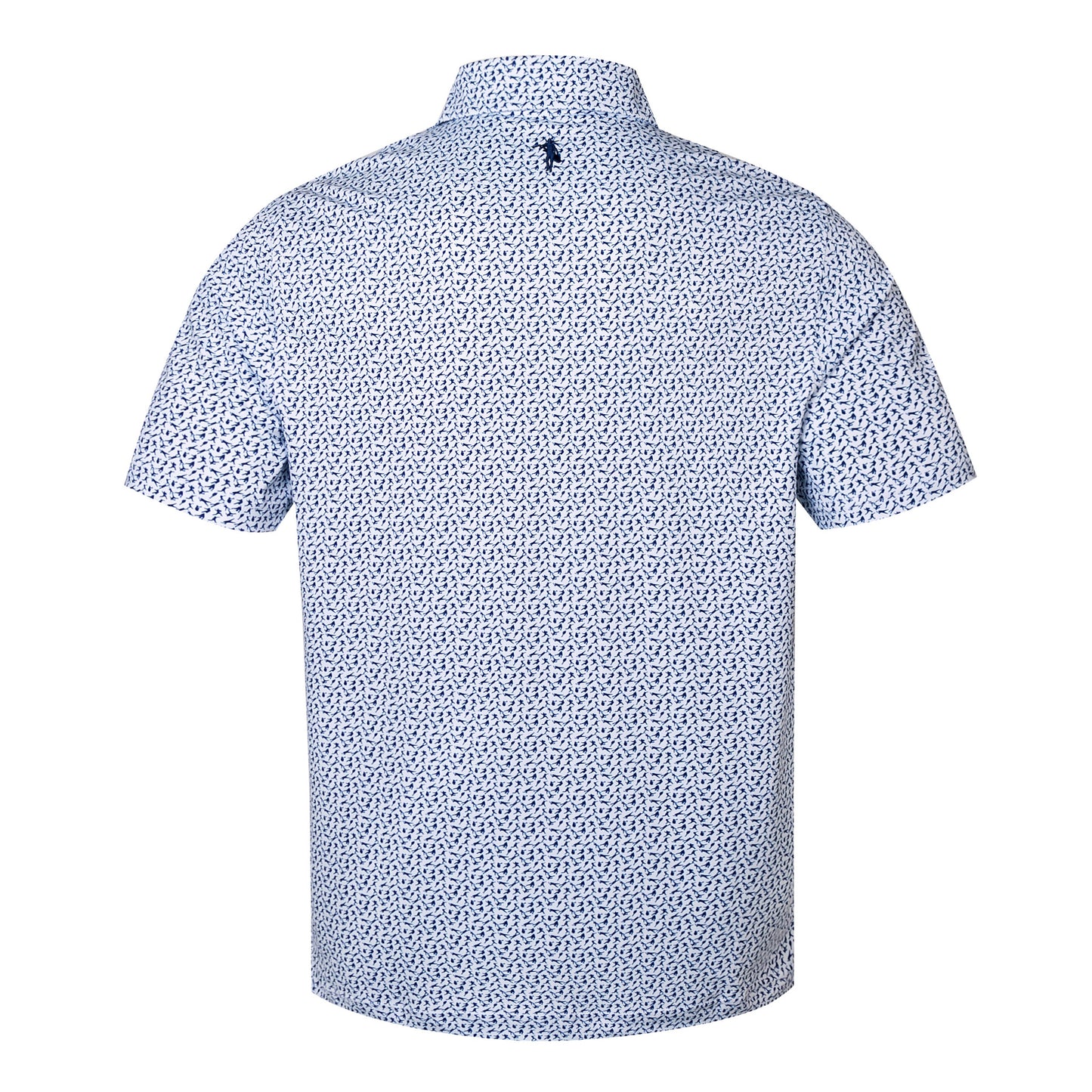 Back view of a blue patterned short-sleeve shirt on a white background
