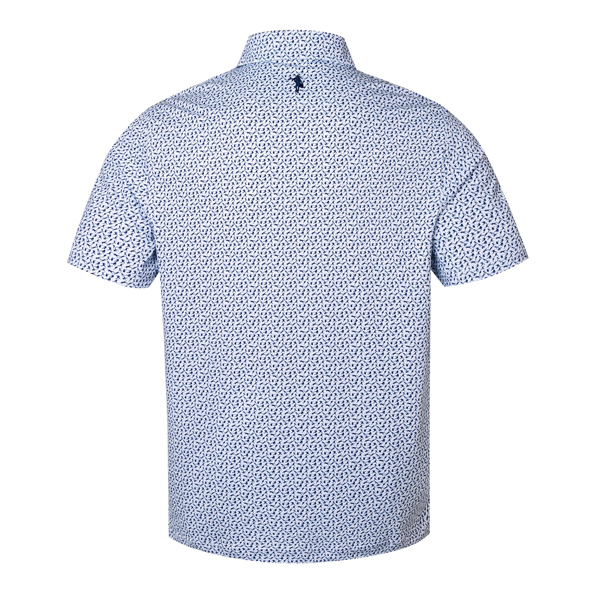 Back view of a blue patterned short-sleeve shirt on a white background