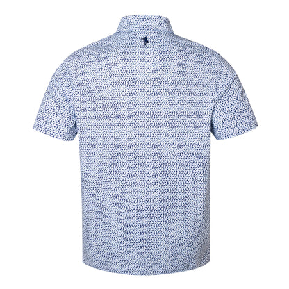 Back view of a blue patterned short-sleeve shirt on a white background