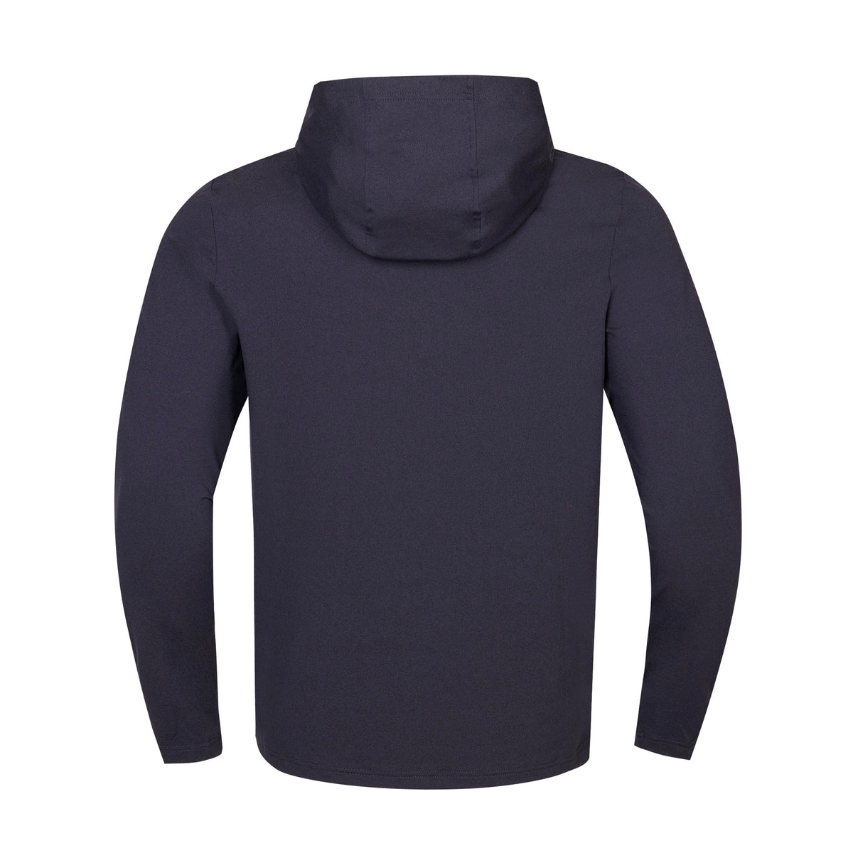 A dark navy blue hooded sweatshirt shown from the back, displayed on a clean white background.