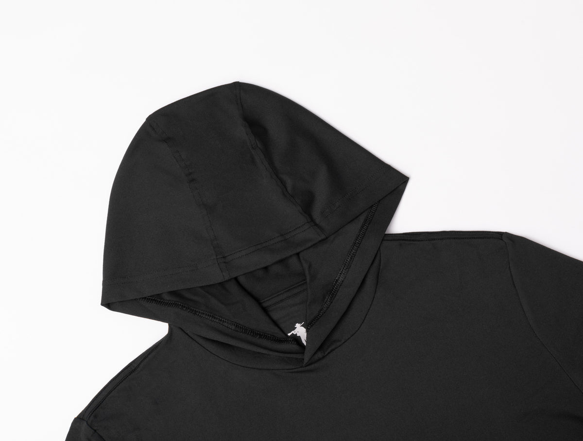 Close-up of a black hooded sweatshirt on a plain white background, showing the hood and upper chest area.