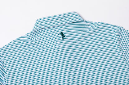 Teal and white striped polo shirt with a small logo on a light gray background
