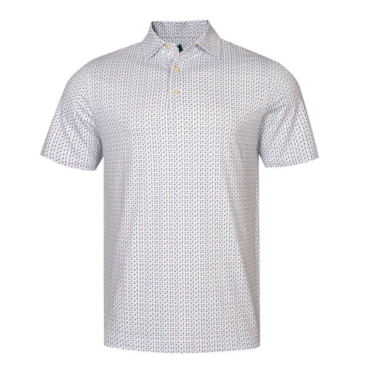 A short-sleeve polo shirt with a white base and a dense, small geometric pattern in black and light blue, featuring a three-button placket.