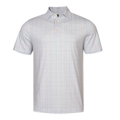 A short-sleeve polo shirt with a white base and a dense, small geometric pattern in black and light blue, featuring a three-button placket.