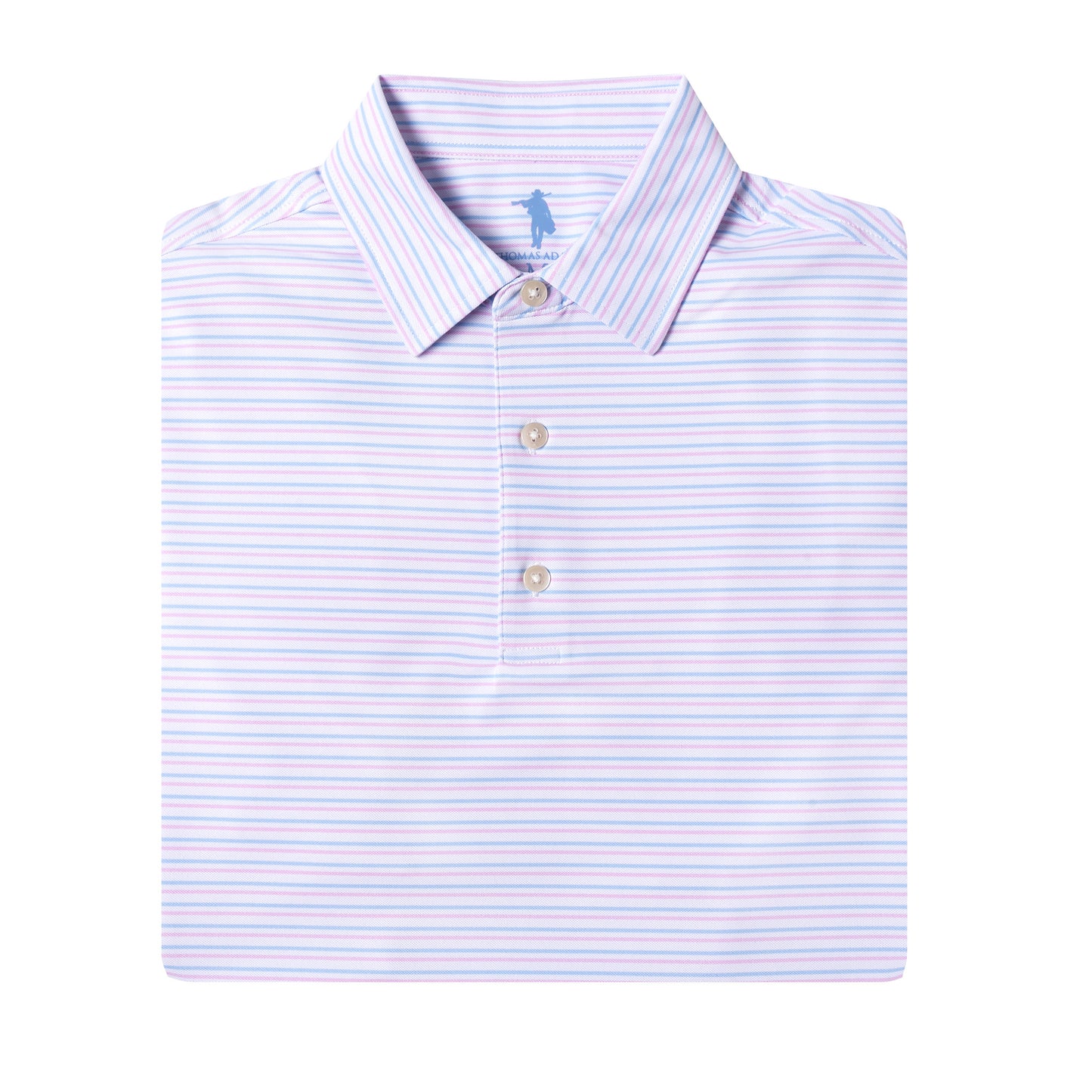 Folded light blue and white striped polo shirt with a small logo on a white background