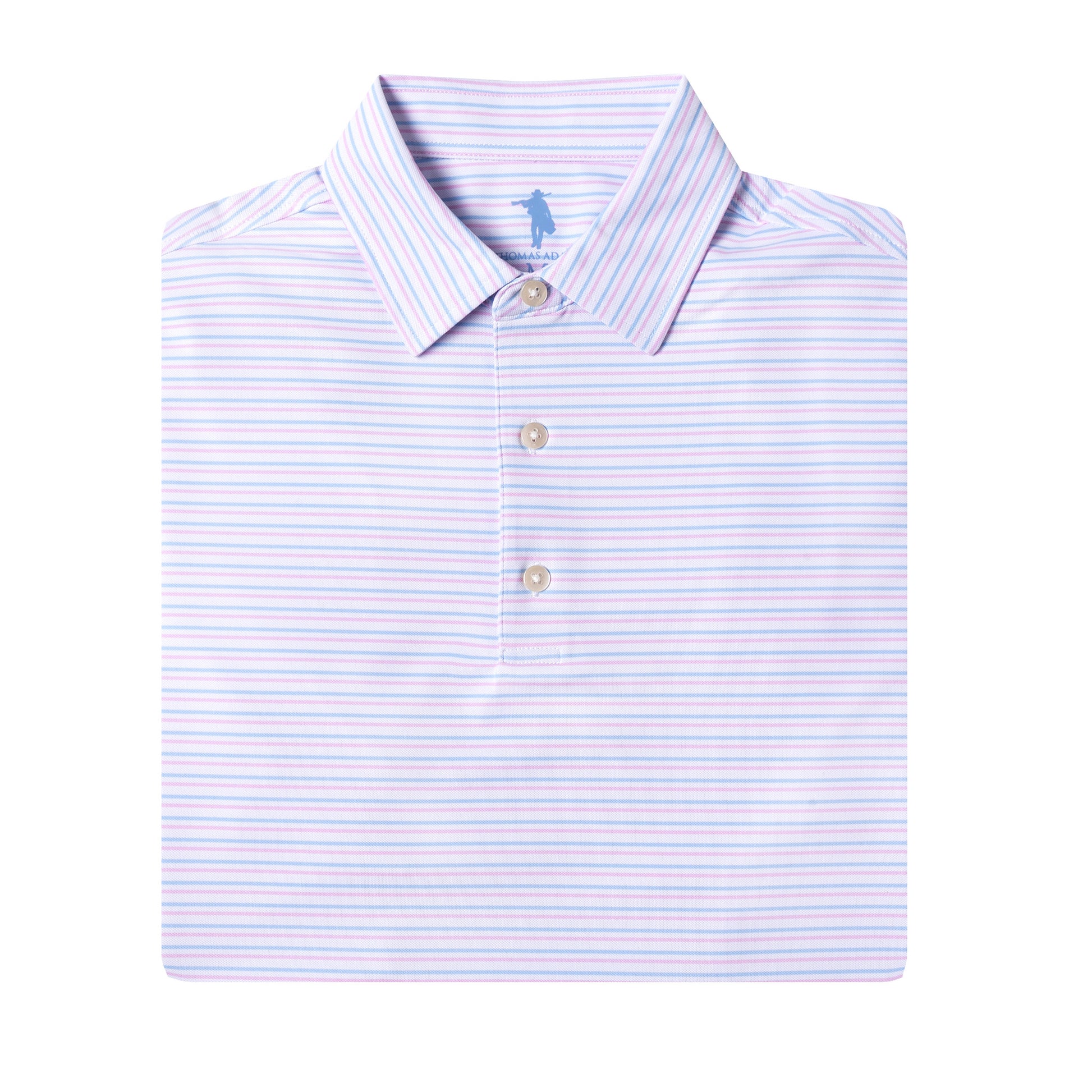 Folded light blue and white striped polo shirt with a small logo on a white background