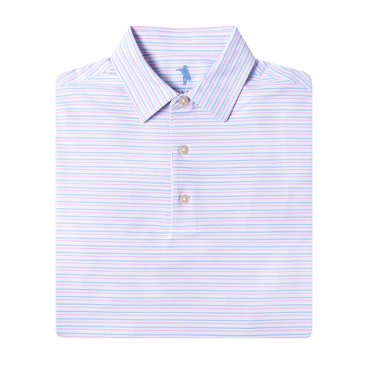 Folded light blue and white striped polo shirt with a small logo on a white background