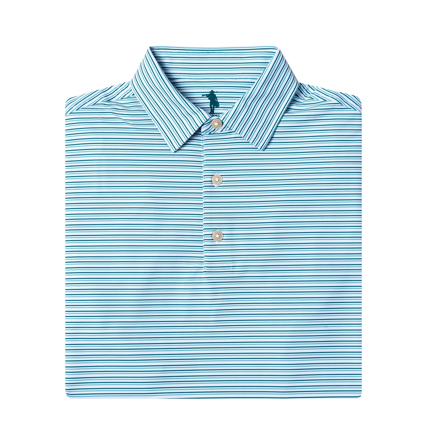 Folded blue and white striped polo shirt with a brand logo on a white background