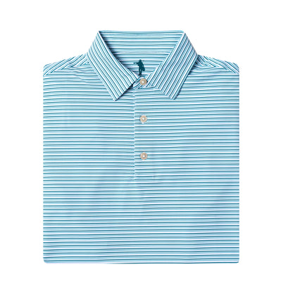 Folded blue and white striped polo shirt with a brand logo on a white background