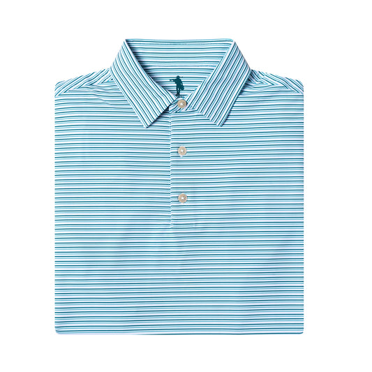 Folded blue and white striped polo shirt with a brand logo on a white background