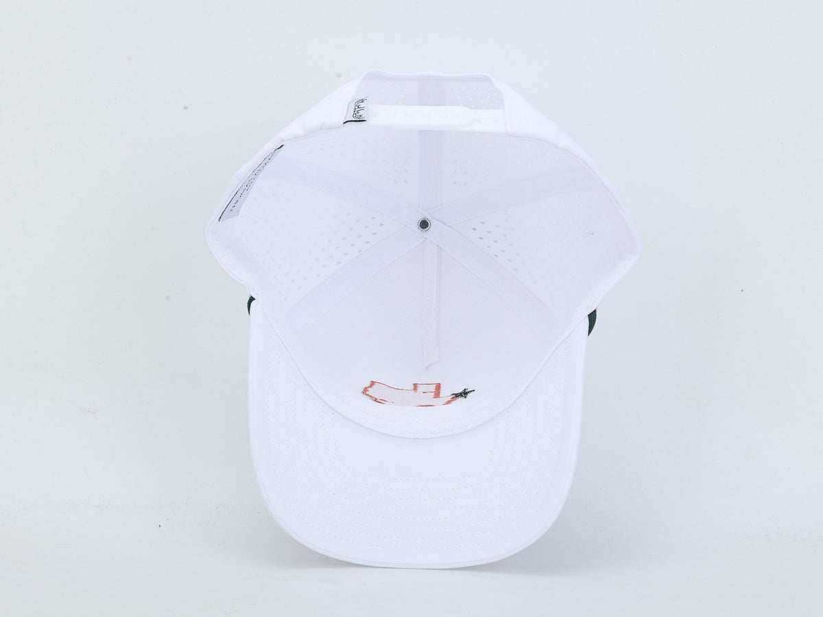 A white baseball cap shown from the back, featuring a curved brim, perforated back panels, and a small embroidered logo on the back of the brim.