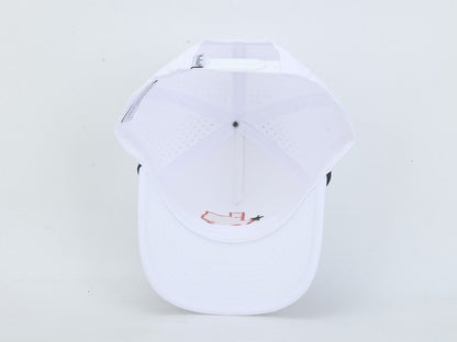 A white baseball cap shown from the back, featuring a curved brim, perforated back panels, and a small embroidered logo on the back of the brim.