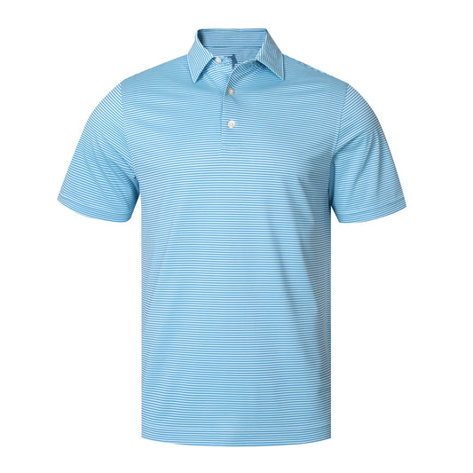 Light blue striped polo shirt on a white background