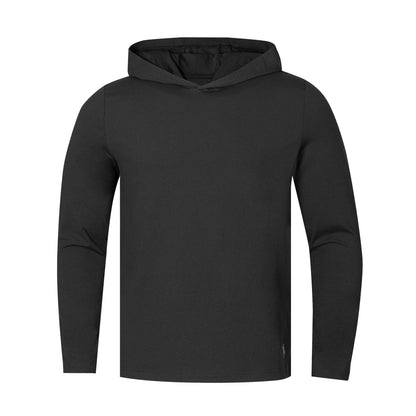 A black long-sleeve pullover hoodie with a hood, shown on a plain white background.