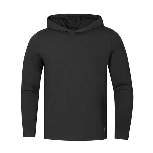 A black long-sleeve pullover hoodie with a hood, shown on a plain white background.
