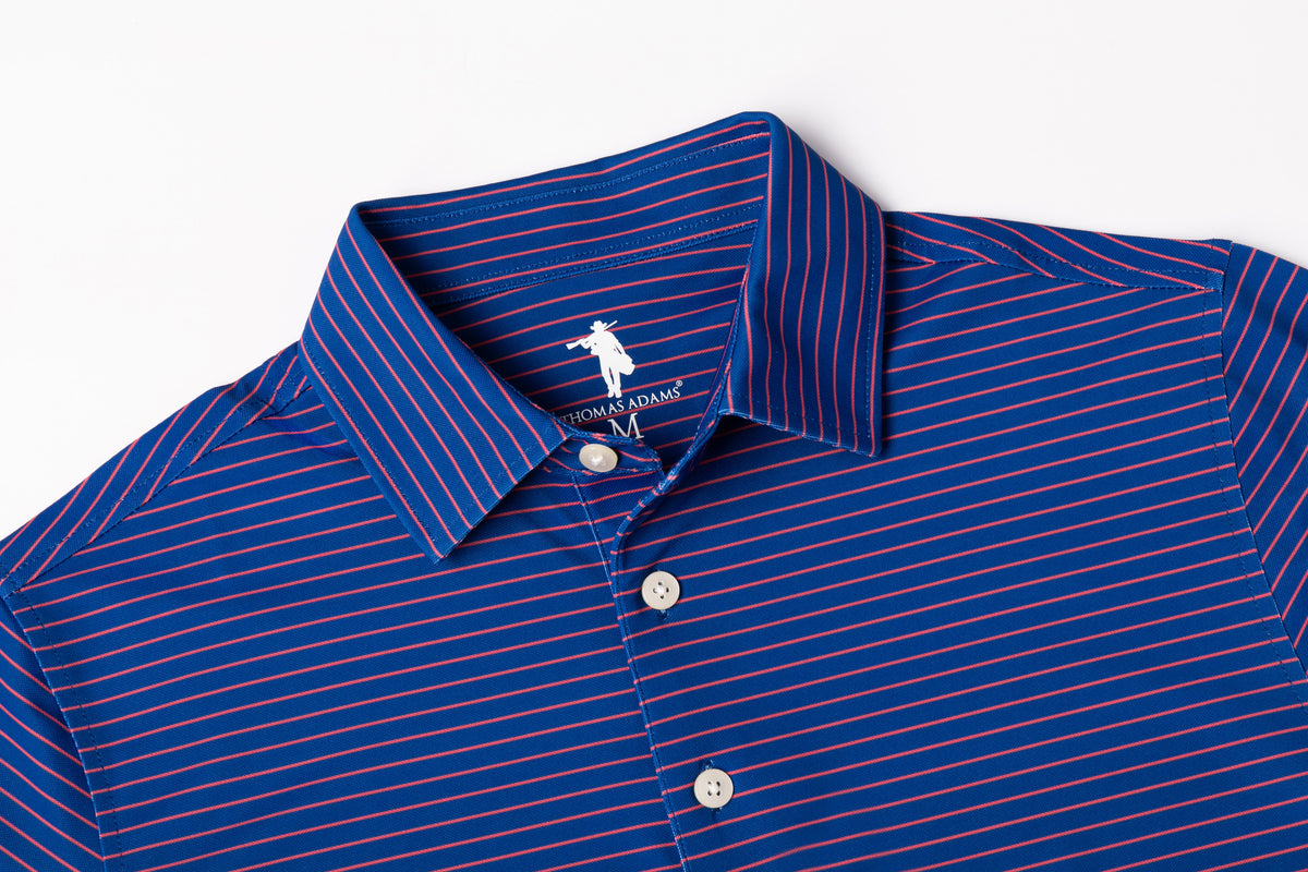 A close-up of a blue and white striped collared button-down shirt, showing the collar, white buttons, and a small white embroidered polo logo.
